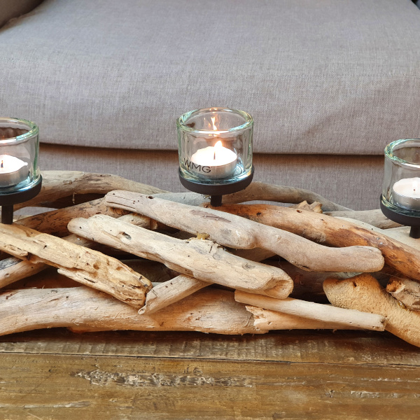 Bougeoir en bois flotté - 3 bougies